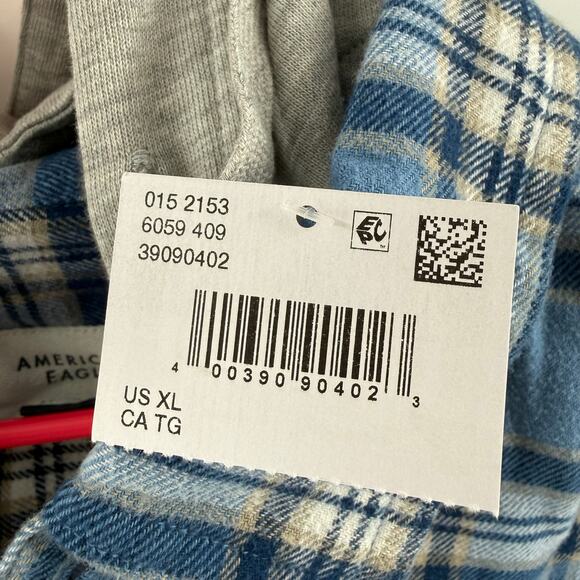 American Eagle Flannel Men's Size XL Super Soft NWT Blue Plaid Detachable Hoodie - Picture 5 of 16